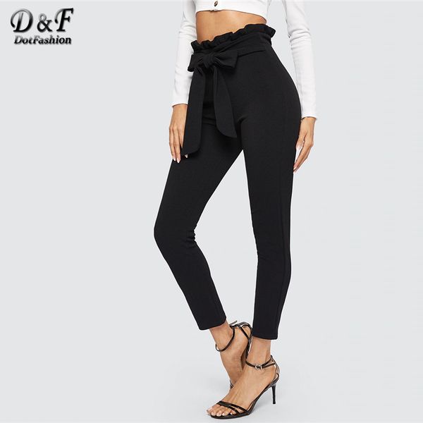

dotfashion black paperbag waist skinny pants with belt women 2019 elegant high waist pants spring autumn streetwear trousers, Black;white
