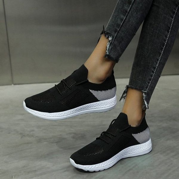 

women flats casual shoes woman plus size breathable mesh sneakers sports shoe lace up chaussures femme zapatos mujer sapatod1148, Black