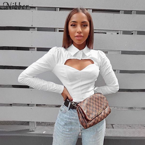 

nibber autumn office lady solid white hollow t-shirt womens long sleeve turndown 2019fashion simple casual tee shirt femme