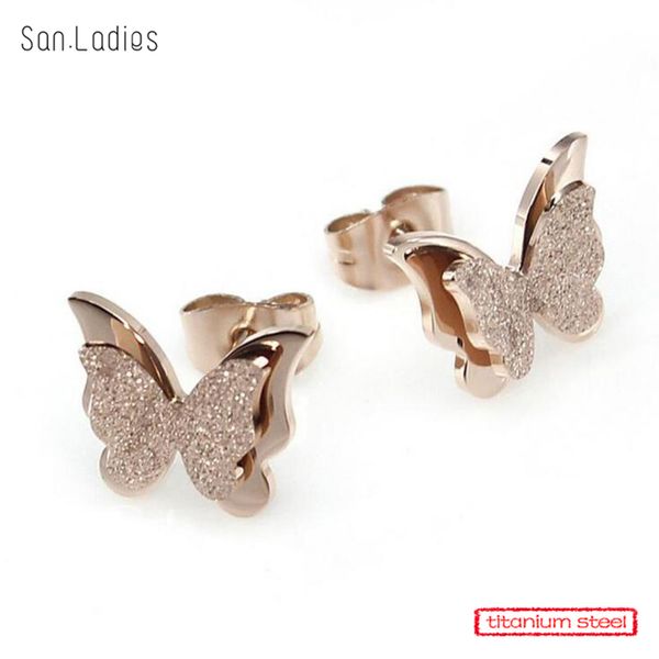 

san.ladies brand titanium steel stud earrings butterfly design stainless steel jewelry earrings women, Golden;silver