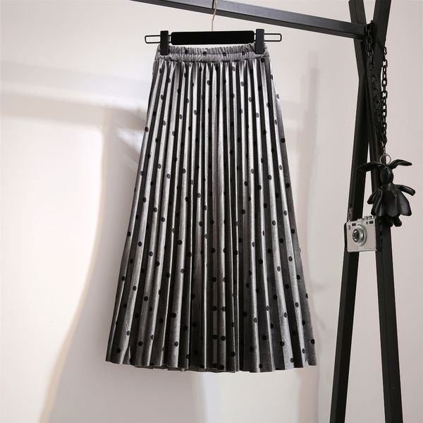 

pleated skirts women spring autumn saia midi high waist faldas mujer moda plus size jupe femme vintage velvet dots ladies skirt, Black