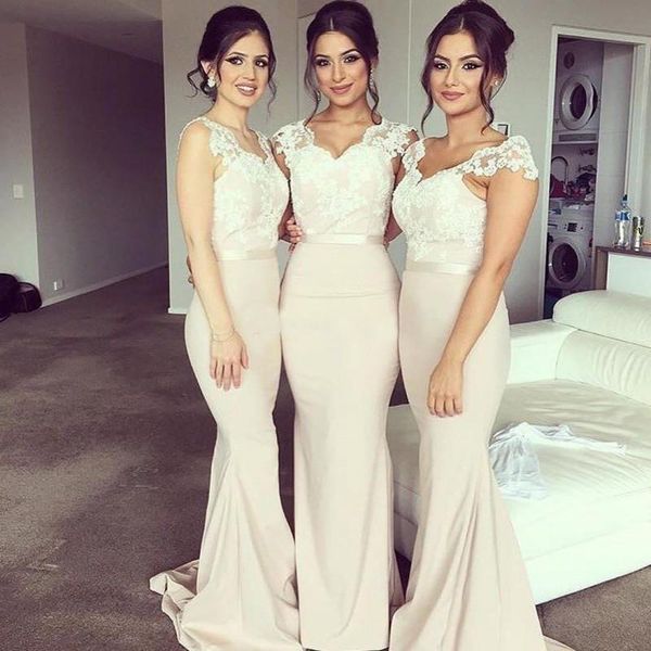 

charming mermaid bridesmaid dresses v neck cap sleeves appliqued lace satin champagne nude ivory wedding guest dresses party dresses, White;pink