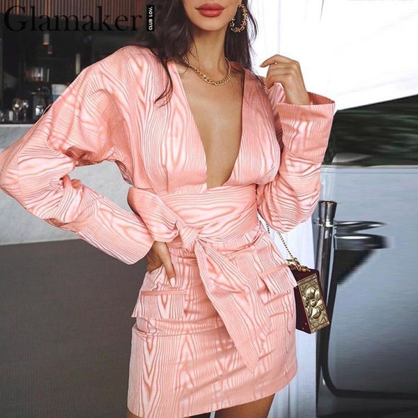 

glamaker pink v neck bodycon mini dress long batwing sleeve wide belt elegant women dress autumn winter party club dress, Black;gray
