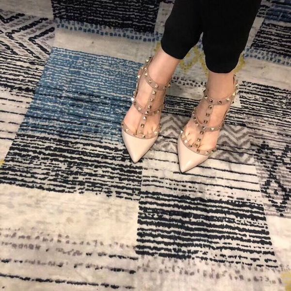 

fashion women sandals nude patent leather studded spikes strappy point toe high heels ankle wrap shoes sandals, Black