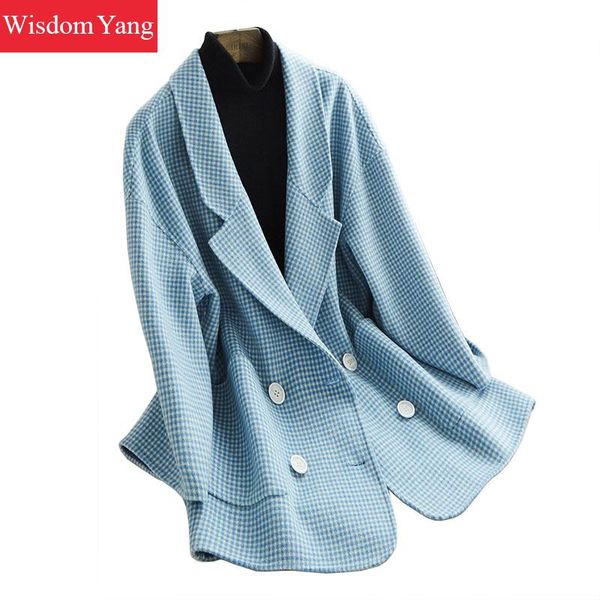 

elegant winter warm coat blue plaid sheep wool jackets coats button womens korean casual oversize woolen overcoat lady outerwear, Black