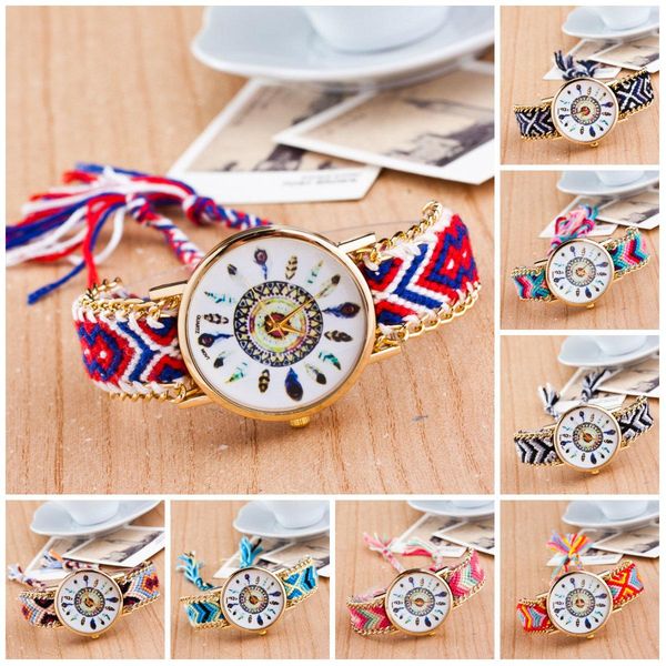 

cute watch handmade braided friendship bracelet watch new arrival feather handwoven wristwatch ladies quarzt gold watch women dress watches, Slivery;brown
