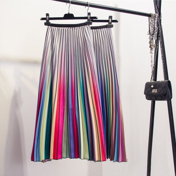 

euro-american gradual stripe printed pleated medium-length half-length skirt, Black
