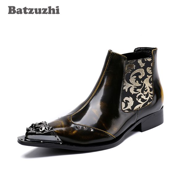 

2018 italian handmade men leather boots ankle point iron toe motocycle boots brown men dress botas hombre, Black
