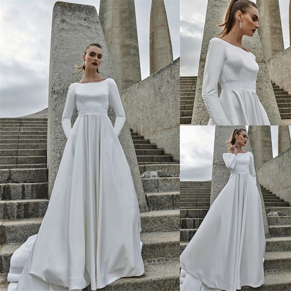 Simples elegante linha de casamento Botão Vestidos Satin Jewel manga comprida Sexy Backless vestidos de noiva Ruched varredura Trem Robes De Mariée baratos