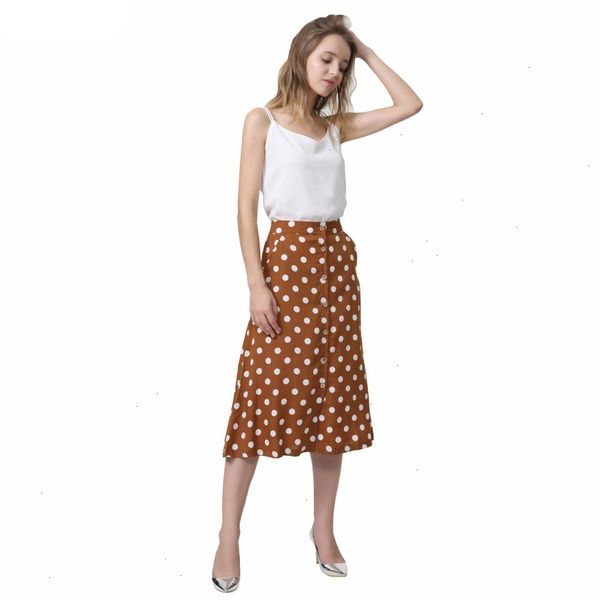 

women skirts women vintage dot print midi skirt button design pockets a line ladies casual summer mid calf skirts falda mujer ba022, Black