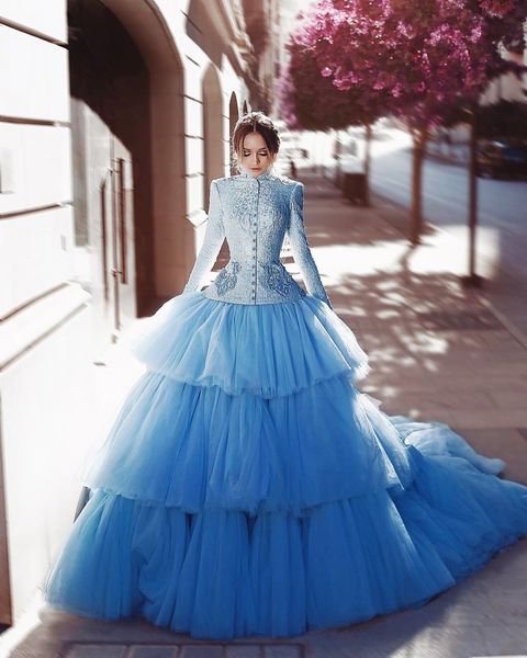 

amazing blue evening dress 2020 luxury tiered tulle long train extra puffy tulle prom dresses long sleeves high neck lace formal gown, Black;red