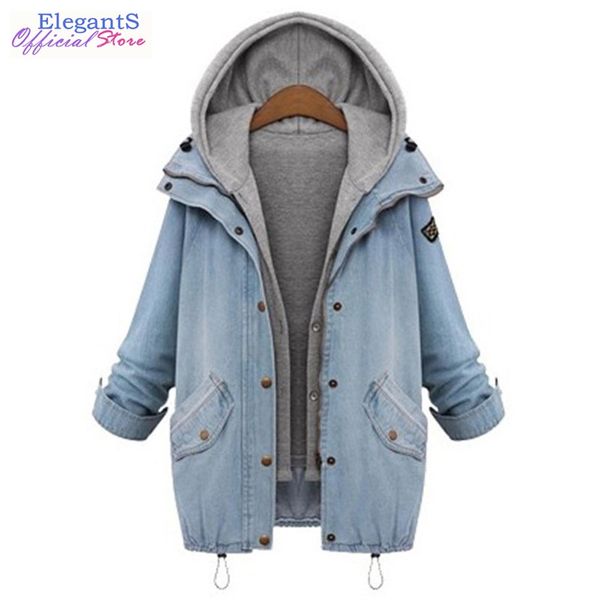 

vintage women hooded denim jacket coat 2 piece set female zipper jean jackets drawstring trends hoodie windbreaker 2019 winter, Black;brown