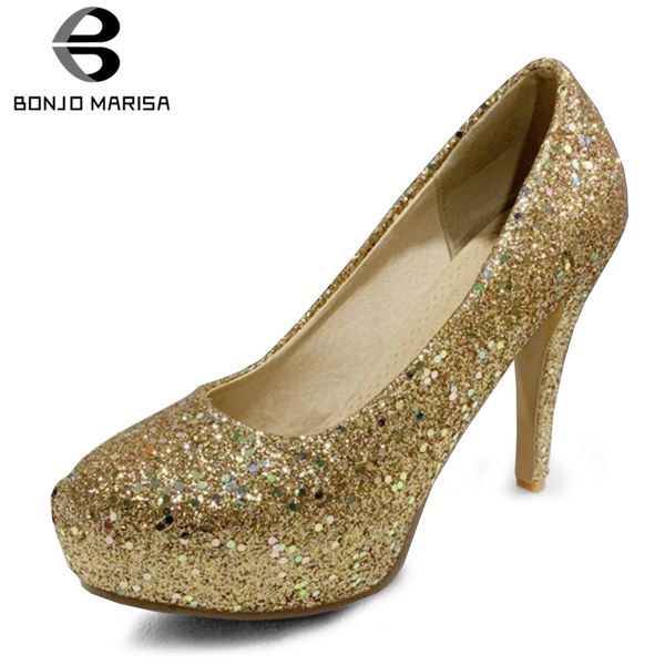 

bonjomarisa fashion glitters party wedding pumps women spring autumn plus size 32-48 shallow slip-on high heels shoes woman, Black