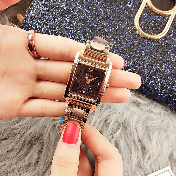 

high-end custom chain square quartz waterproof ladies watch rhinestone rivet star surface tide watch, Slivery;brown