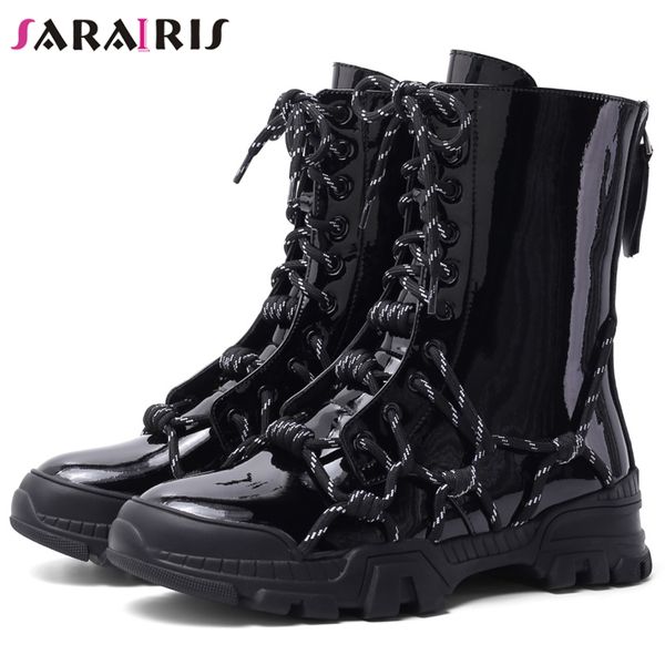 

sarairis brand new genuine cow leather ladies chunky heels shoes woman zip cross tied leisure party ankle boots women, Black