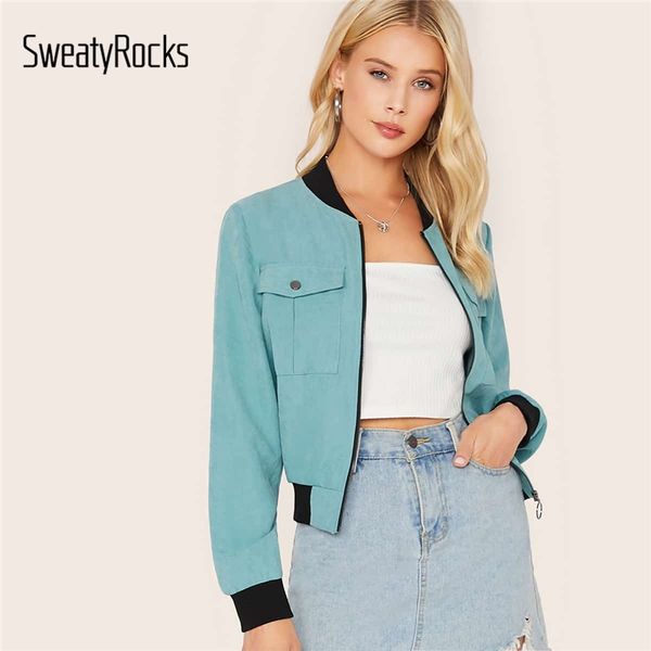 

sweatyrocks green zipper up pocket detail jacket women streetwear bomber jackets 2019 autumn stand collar casual outerwear, Black;brown