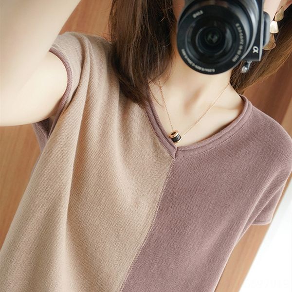 

contrast color t- stitching v-neck short-sleeved cotton and linen knitted t- women's loose slim knitted shirt base shirt summer 2020, White