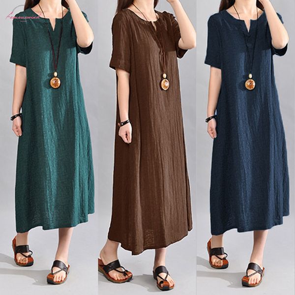 

s 5xl women vintage linen dress 2020 summer v neck short sleeve solid pockets casual loose midi dress oversized vestidos, Black;gray