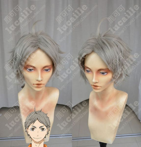 

haikyuu koushi sugawara cosplay wig short layered beige gray hair wigs, Black