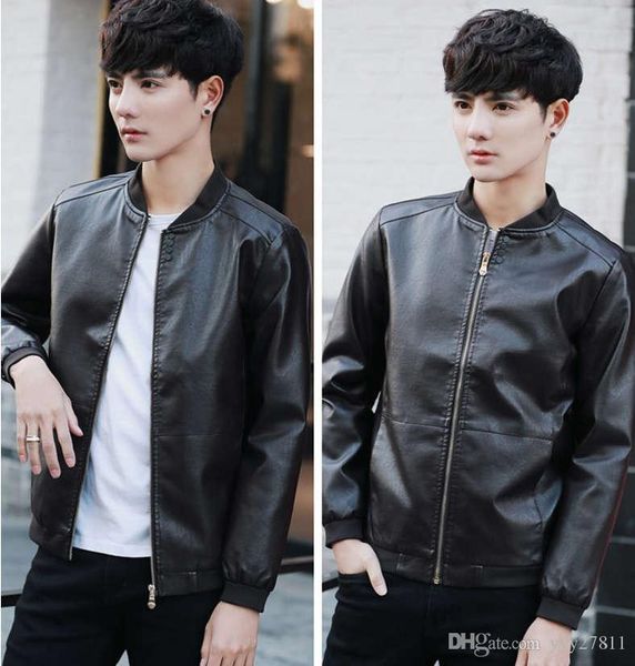 

мода харадзюку осень новых людей четыре кнопки pu кожа кожа корейской версии куртки самосовершенствование стоять воротник куртки круп, Black