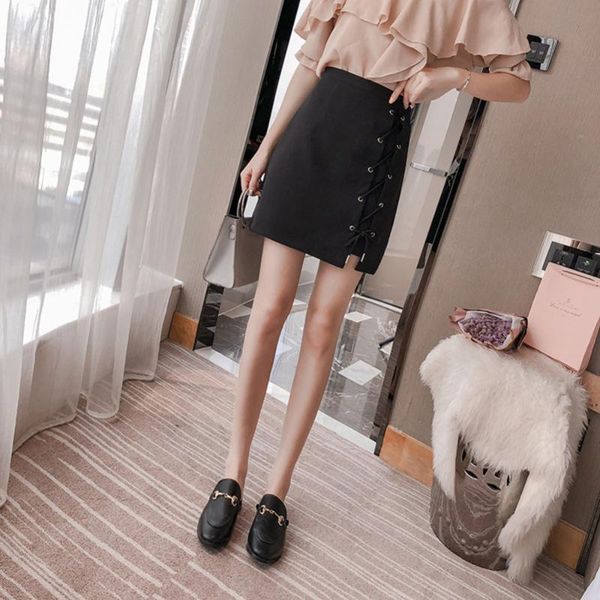 

korean ulzzang office lady high waist a-line mini skirts women lace-up solid package hip skirts autumn female above knee, Black