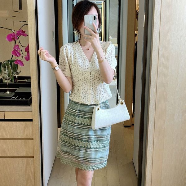 

мода подиум юбка топ 2 piece set женщины лето 2020 новая элегантная леди офис эпикировка цветочные кружева верхней и кружева юбка костюм наб, White