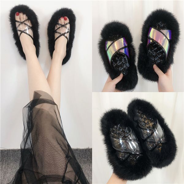

famous transparent cross band fur slippers women winter colorful pvc band flip flops plaid bottom fur sandals women slides s275, Black