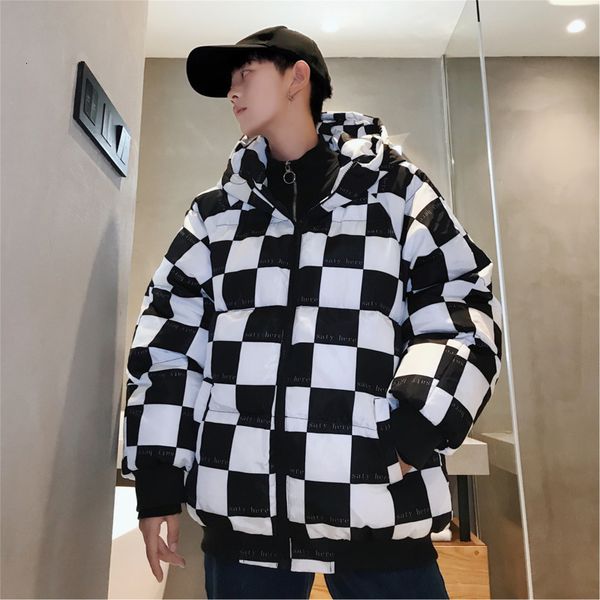 

winter plaid coat men warm thicken parka men fashion contrast casual hooded coat man streetwear loose cotton jacket male clothes, Black