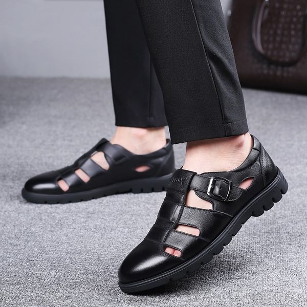 

black sandals men summer shoes 2019 casual shoes leather mens sandals summer male shoes ka1389 t200420