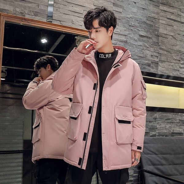 

winter coat men warm thick fashion solid color parka men casual hooded long coat man streetwear wild loose cotton tooling jacket, Black