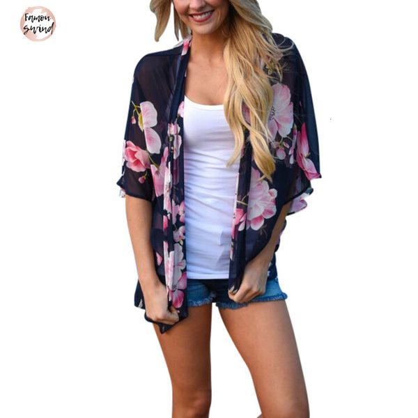 

женщины моды через блуза см лето дамы урожай цветочные печати шифоновое печати кимоно кардиган повседневный бич шаль, White