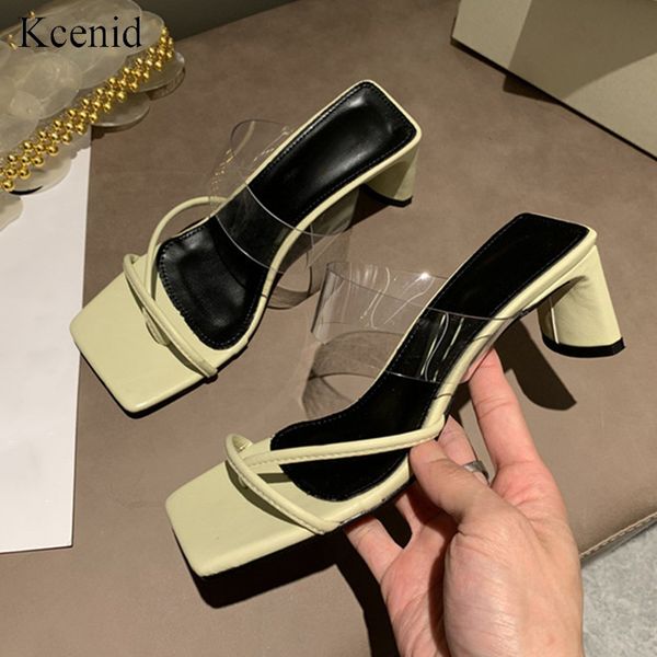 

kcenid transparent pvc narrow band womens summer slippers high heels square toe female shoes outdoor beach slides shoes new 2020, Black