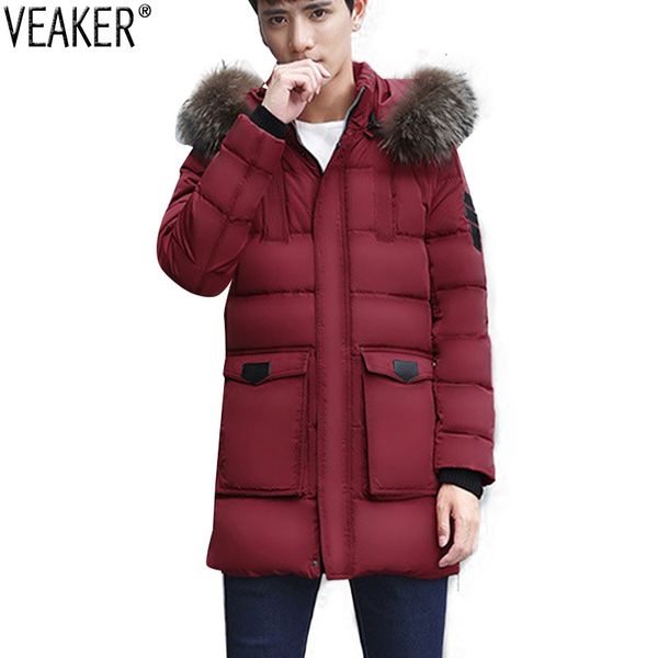 

2019 new men's thick parkas down jackets male solid color windproof overcoat winter warm fur hooded coat outerwear m-3xl, Black