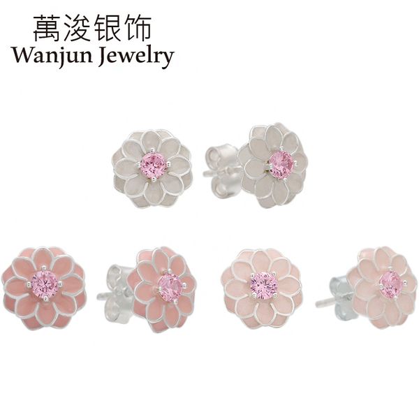 

wanjun jewelry 925 sterling silver original baking varnish spring flower stud earrings mother's day european women's charm gift, Golden;silver