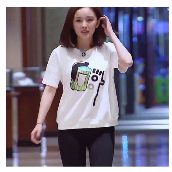 

yang mixia women's t-shirt sequins embroidery sequins loose cotton short sleeve t-shirt women, White