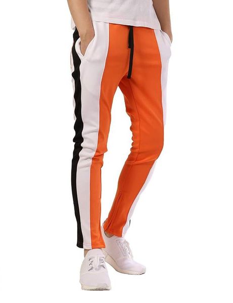 

men causal pants gym jogging sweatpants striped spliced elastic waist sportswear fashion matching color sport running trousers, Black