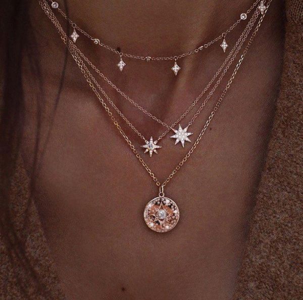 

старинные жемчужные звезды круглый кулон ожерелье boho блестящий кристалл геометрические золото многослойные цепи ожерелье набор женщин пода, Silver
