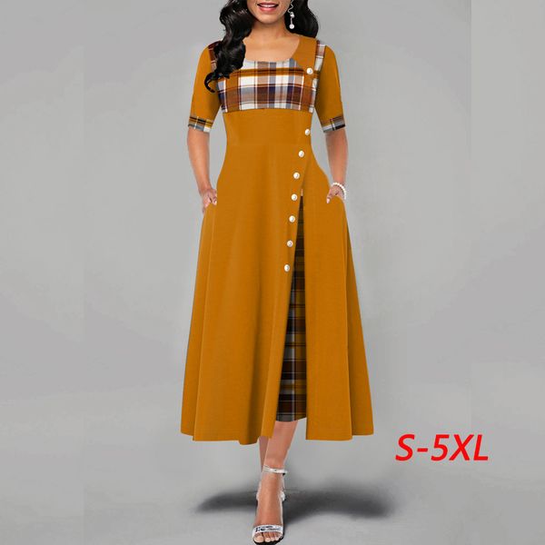 

women dress fashion casual irregular plaid print button maxi dress new arrival half sleeve round plus size party dresses women, Black;gray