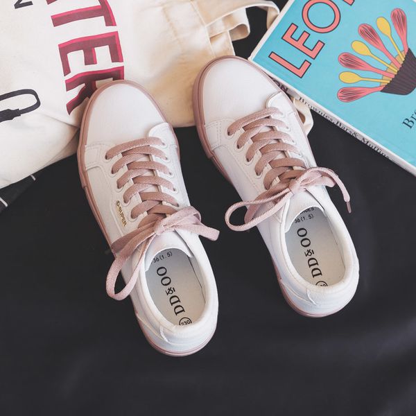 

woman 2020 spring new flat leather sneakers female solid color student platform casual low-flats women shoes mx200425, Black