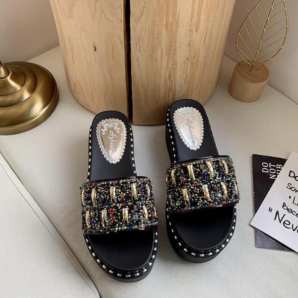 

female shoes slippers flat rivet slides fashion med jelly flip flops women heels platform 2020 luxury glitter soft high fabric, Black