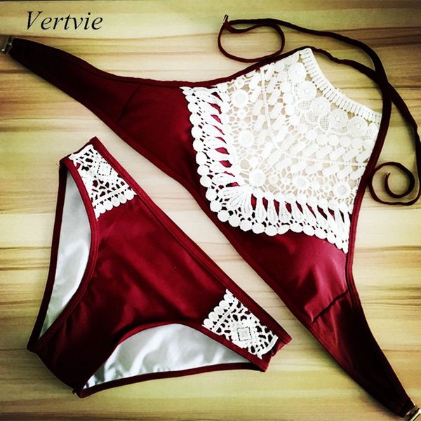 

2020 new women lace cropped bikini set high neck push up padded summer beach bathing suit two piece bikini swimwear