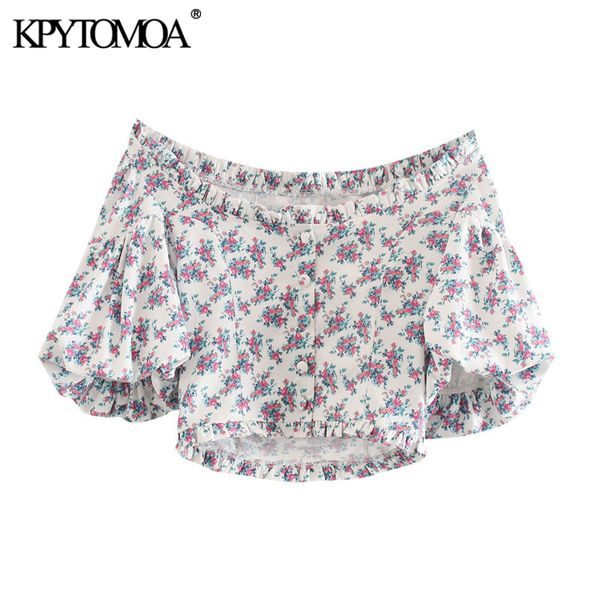 

kpytomoa women 2020 fashion floral print ruffled cropped blouses vintage slash neck puff sleeve female shirts blusas chic, White