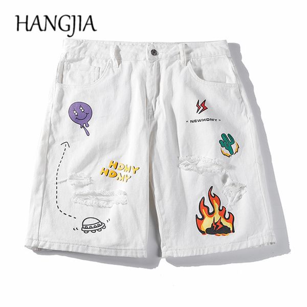 

пламя печати denim шорты hip hop ripped жан shorts черный белый свободный свободный straight jeans harajuku колен джинсы, Blue