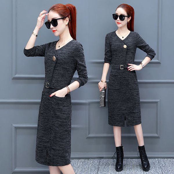 

2019 new spring women's fashion temperament knit bottoming long dress, Black;brown