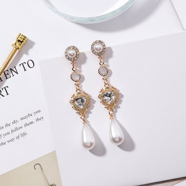 

mengjiqiao new fashion clear crystal love heart long pendientes mujer moda water drop simulated pearl dangle earrings gifts, Silver