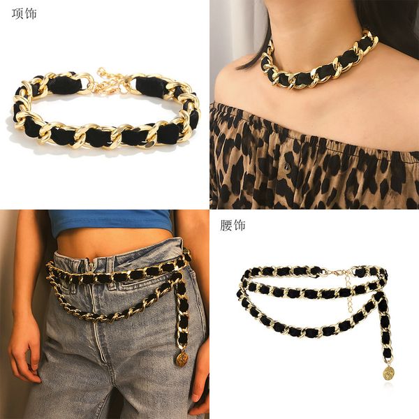 

punk style exaggerated multi-layer tassel waist ornaments women simple personality chain velvet retro necklace choker necklace, Golden;silver