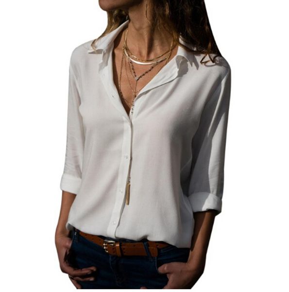 

women deep v-neck chiffon blouse solid long sleeve button shirts autumn office lady elegant blusas plus size, White