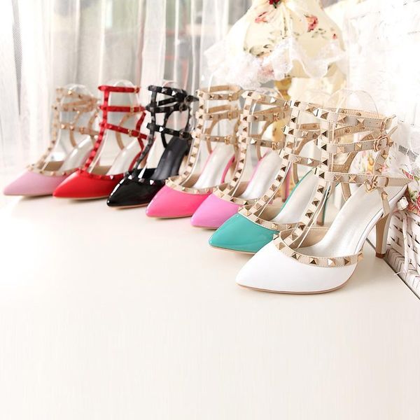 

designer hasp rivet sandals female flat heel pumps stiletto heel fashion pointed toe hollow ventilation shoes woman rivet shoes, Black