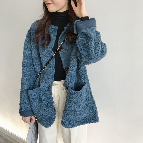 

mumuzi sheepskin cardigan jacket women winter faux fur coat women slim casual luipaard fur jackets female harajuku 2019 spring, Black