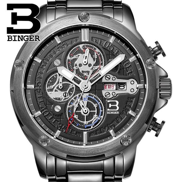 

switzerland watches men clock binger quartz men's watch full stainless steel chronograph diver glowwatch b6009-2, Slivery;brown